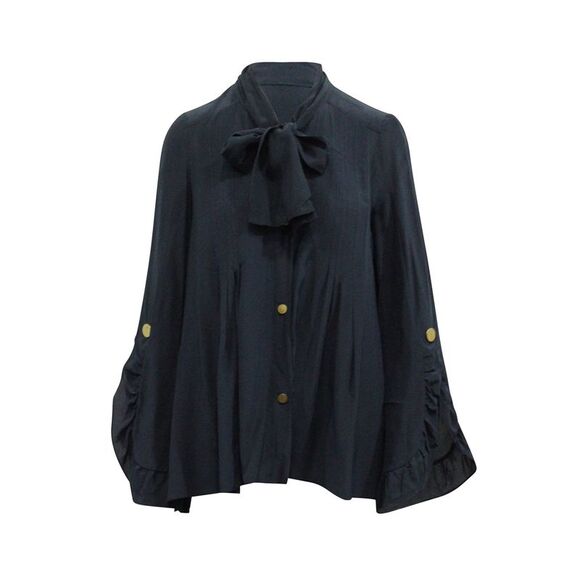 Peter Pilotto Long Sleeve Blouse with Pussy Bow in Navy Blue Silk - Picture 1 of 5